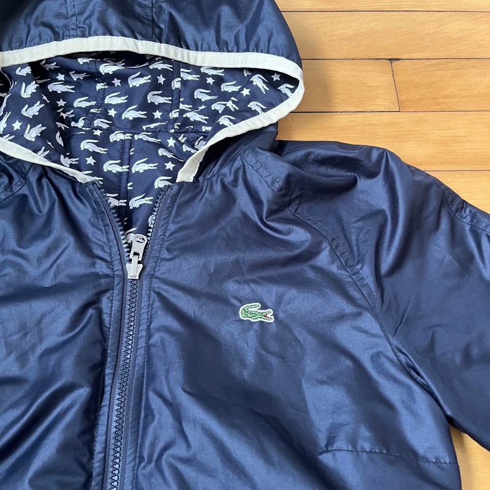Lacoste Reversible Hooded Windbreaker Jacket Navy Blue Logo Star Print Mens S - Picture 2 of 9